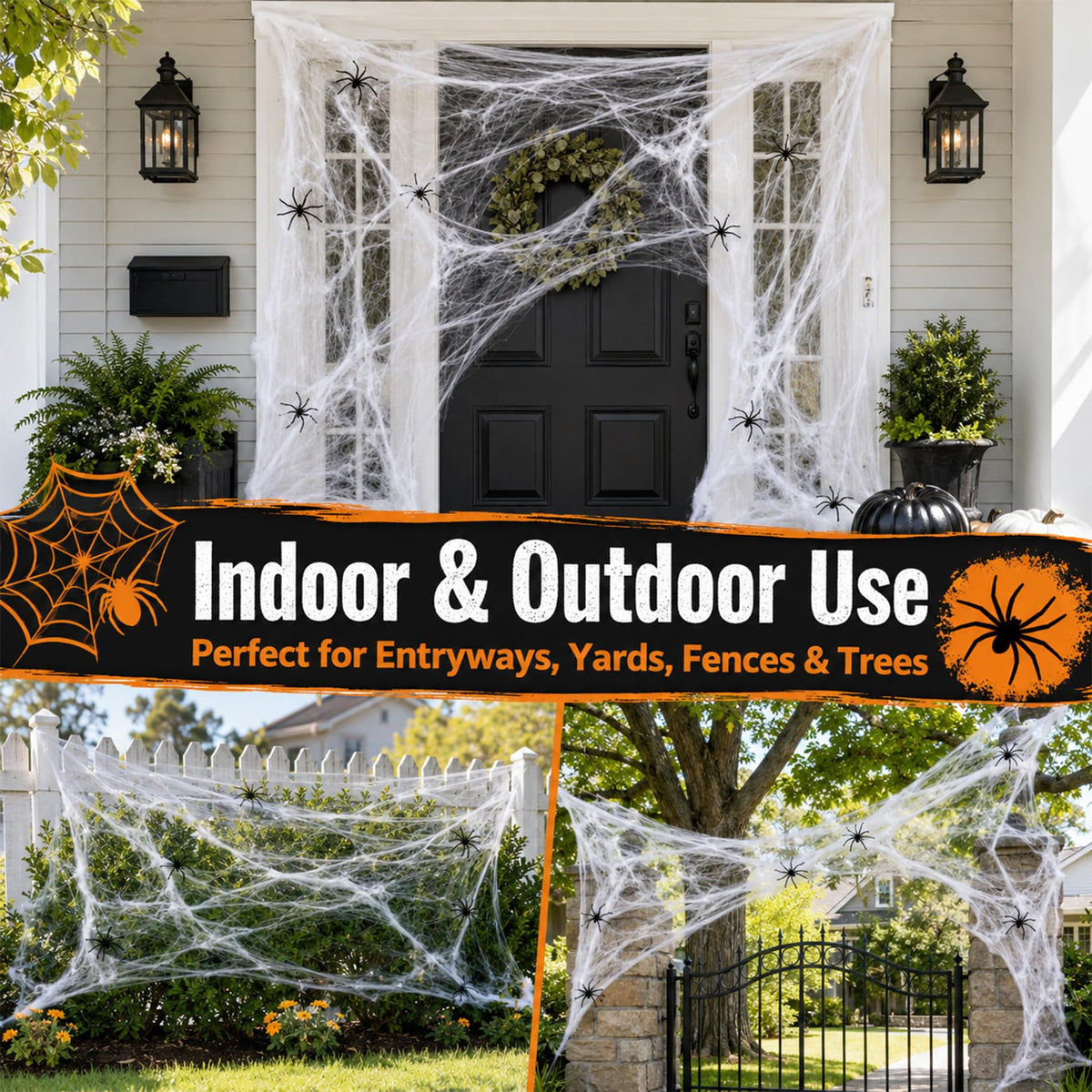 Stretch Cobweb Pack with 40 Plastic Spiders in Six Sizes for Halloween Hedges Porches and Walls