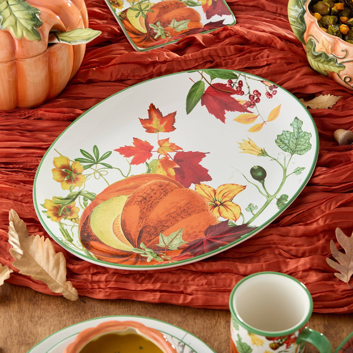 Fall Ceramic Platter with Pumpkin Artwork and 16x12 Inch Oval Size for Holiday Meals