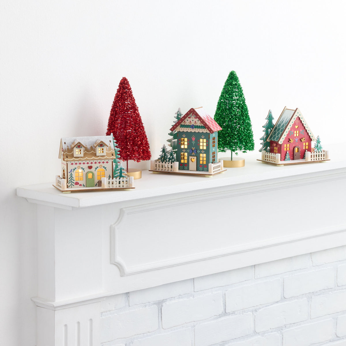Set of 3 Folk Cottages with Warm LED Windows and Timer for Holiday Mantels and Sideboards