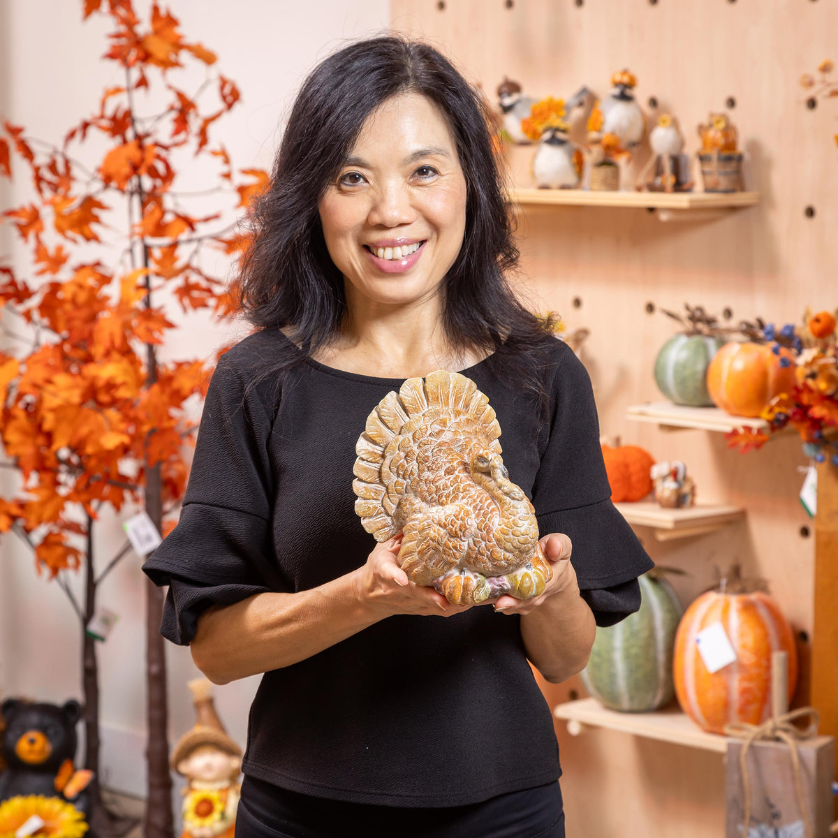Autumn Turkey Statue with Carved Details, 7 Inches