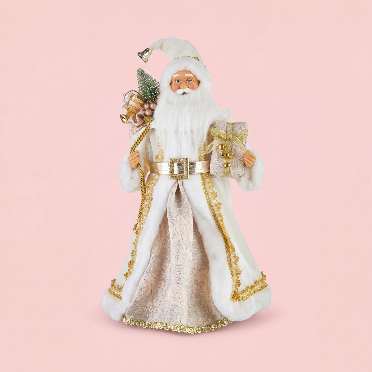 Standing Santa Figurine with Wrapped Gifts and Gold Accents, 18 Inch