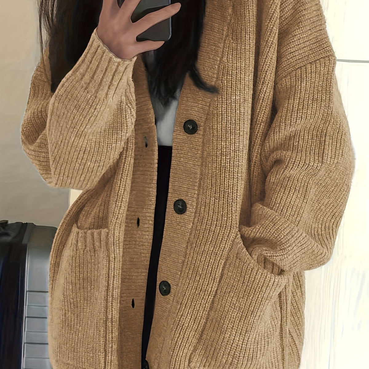 Chunky Ribbed Cardigan with Button Front Closure and Hip Pockets