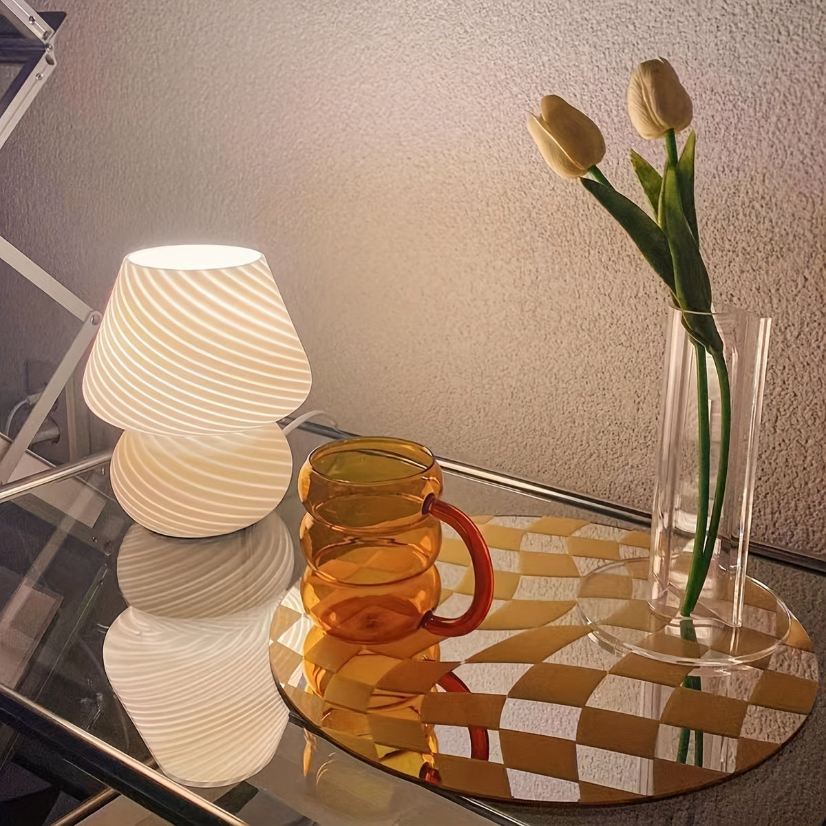 Mushroom Glass Table Lamp with Stepless Dimming and Swirled Stripe Shade