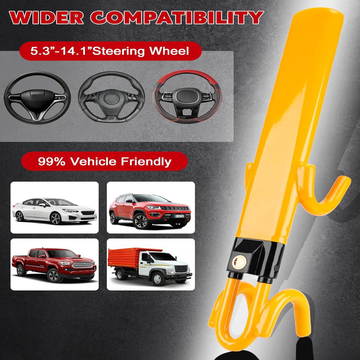 Anti-Theft Steering Wheel Lock with Four-Hook Grip and Three Keys