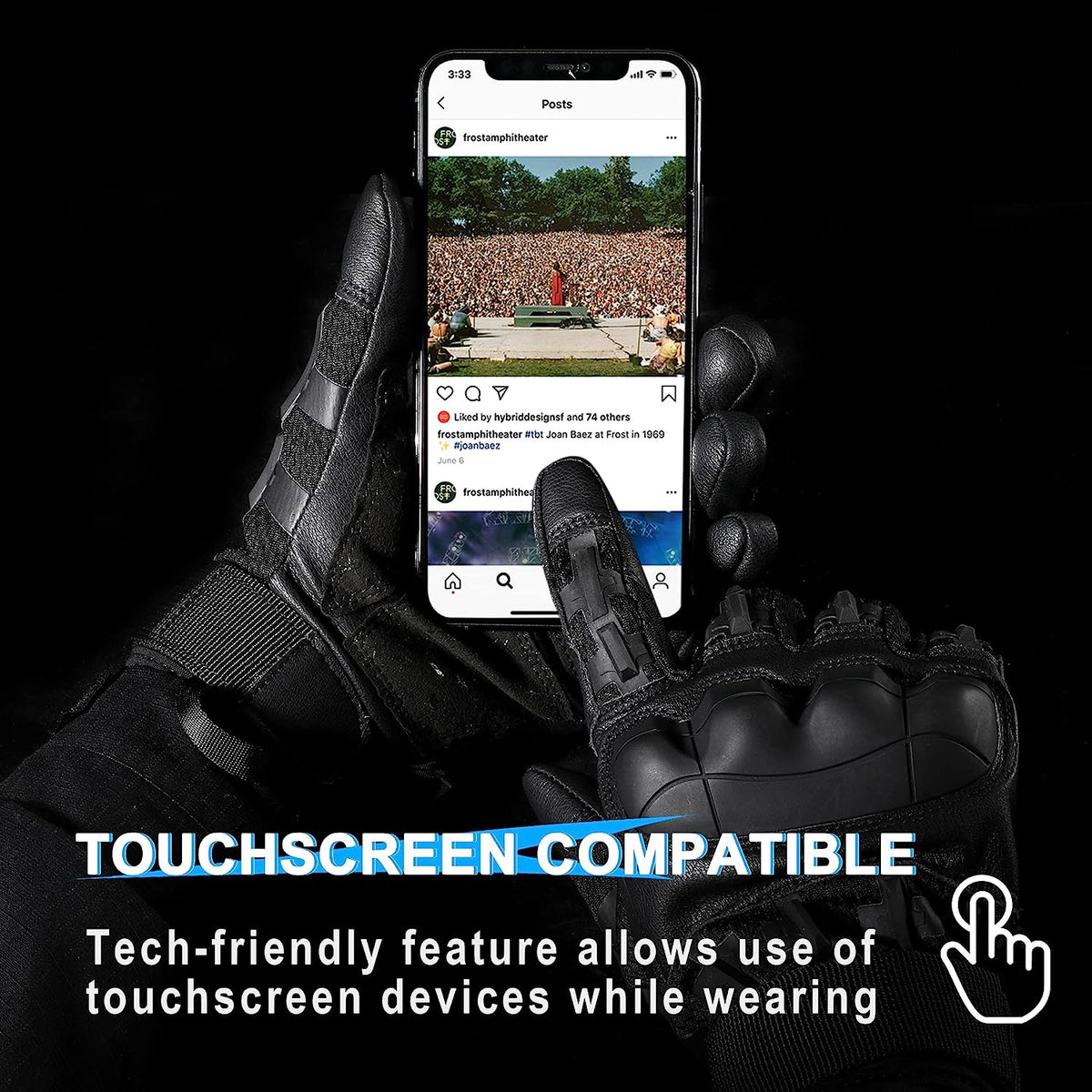 Touchscreen Tactical Gloves with Rubber Knuckle Inserts and Adjustable Wrist Strap