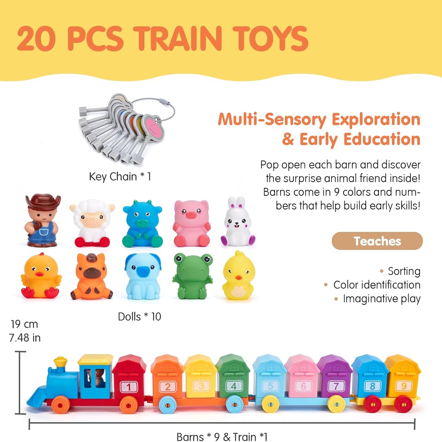 Wooden Train Set with Farm Animals and Numbered Cars for Counting and Sorting Activities