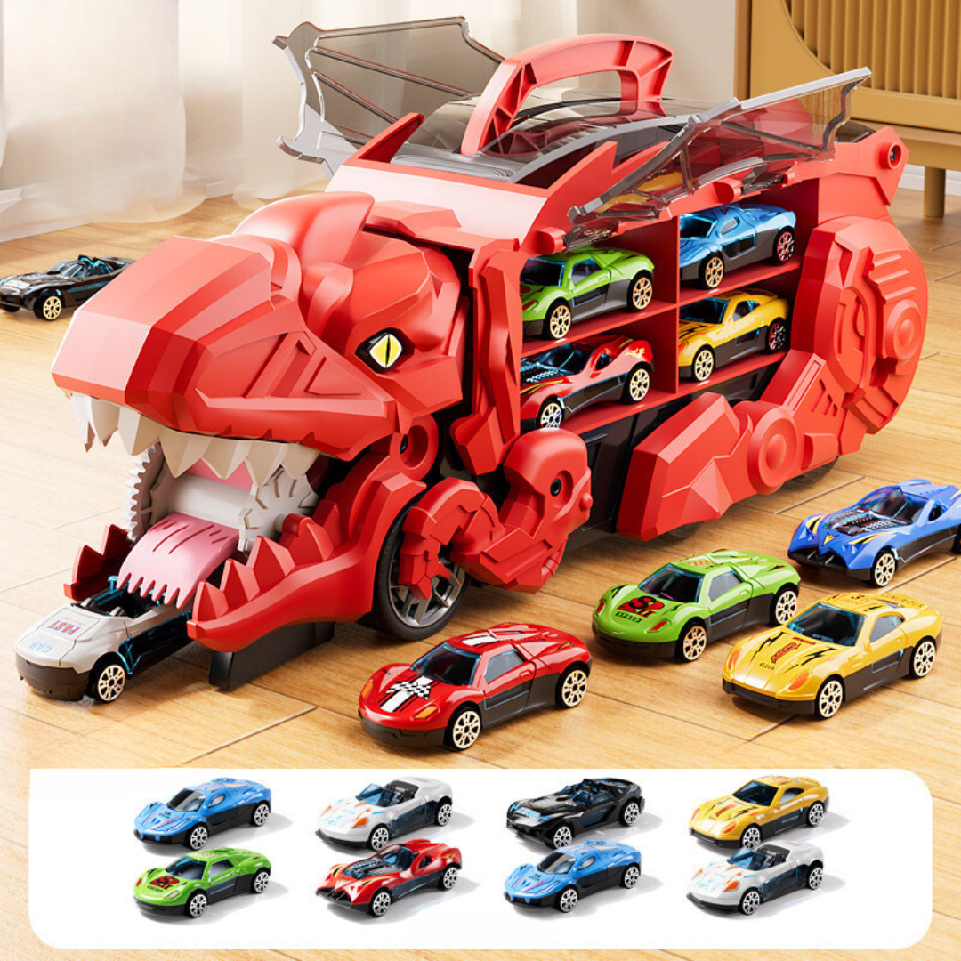 Dinosaur Truck Toy That Transforms and Swallows Two Cars with Flashing Lights in Blue Green Or Red