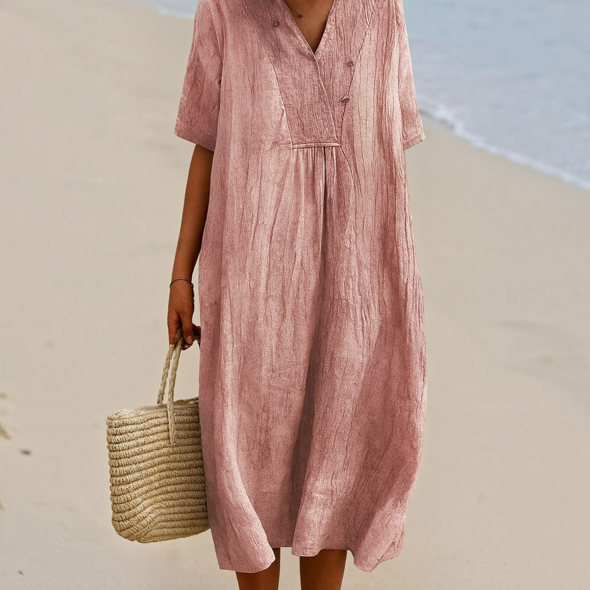 Lightweight Polyester Beach Dress with V-Neck and Slip-On Design