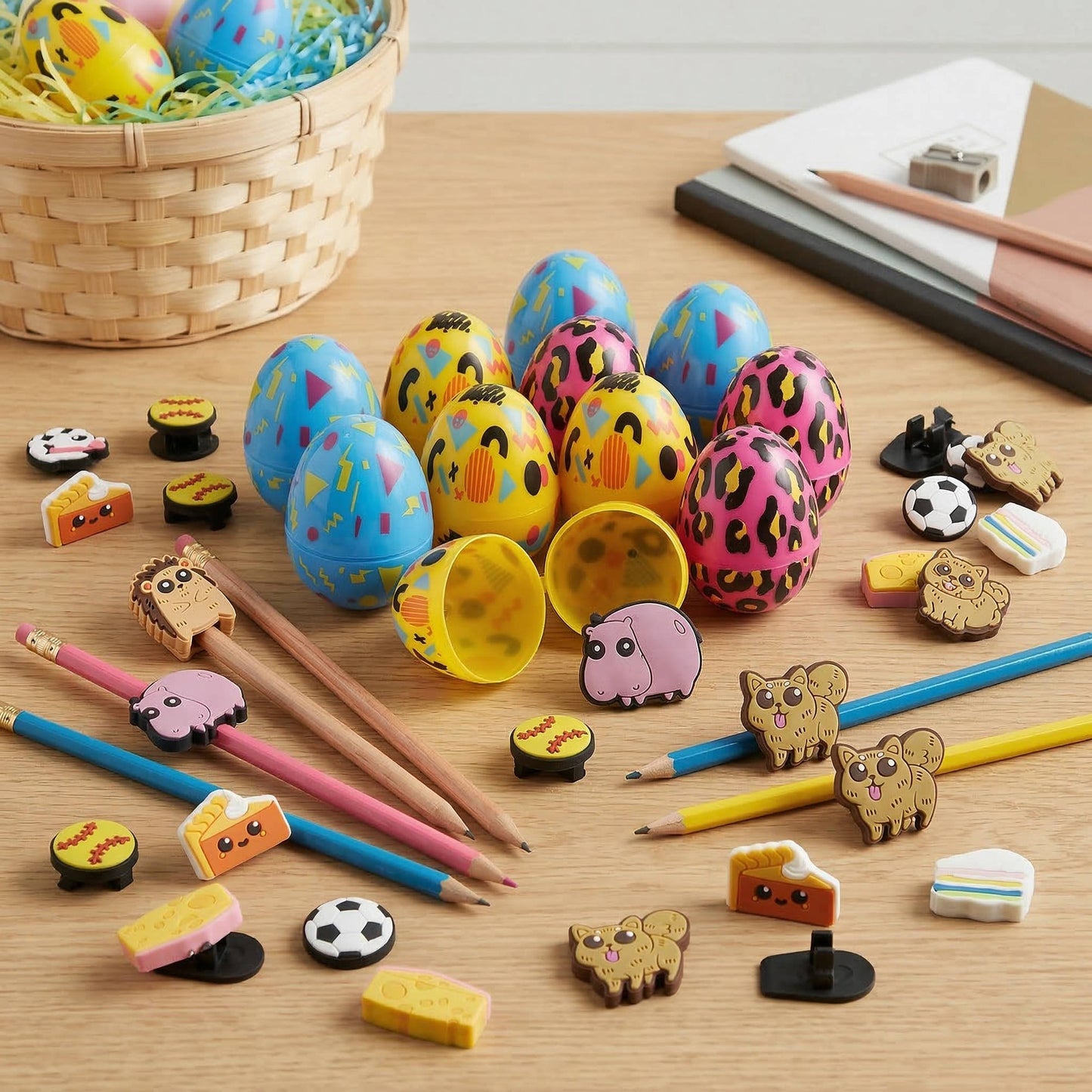 Plastic Easter Eggs with Pencil Charms 24 Pc, Kids Easter Egg Hunt Fillers School Prize Toys