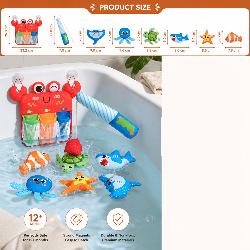 Magnetic Fishing Rod Bath Toy with Floating Animals and Mesh Storage Net