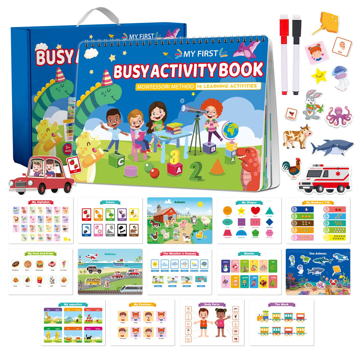 Interactive Busy Book with Colors, Numbers, Animals and Shapes Pages for Screen Free Play
