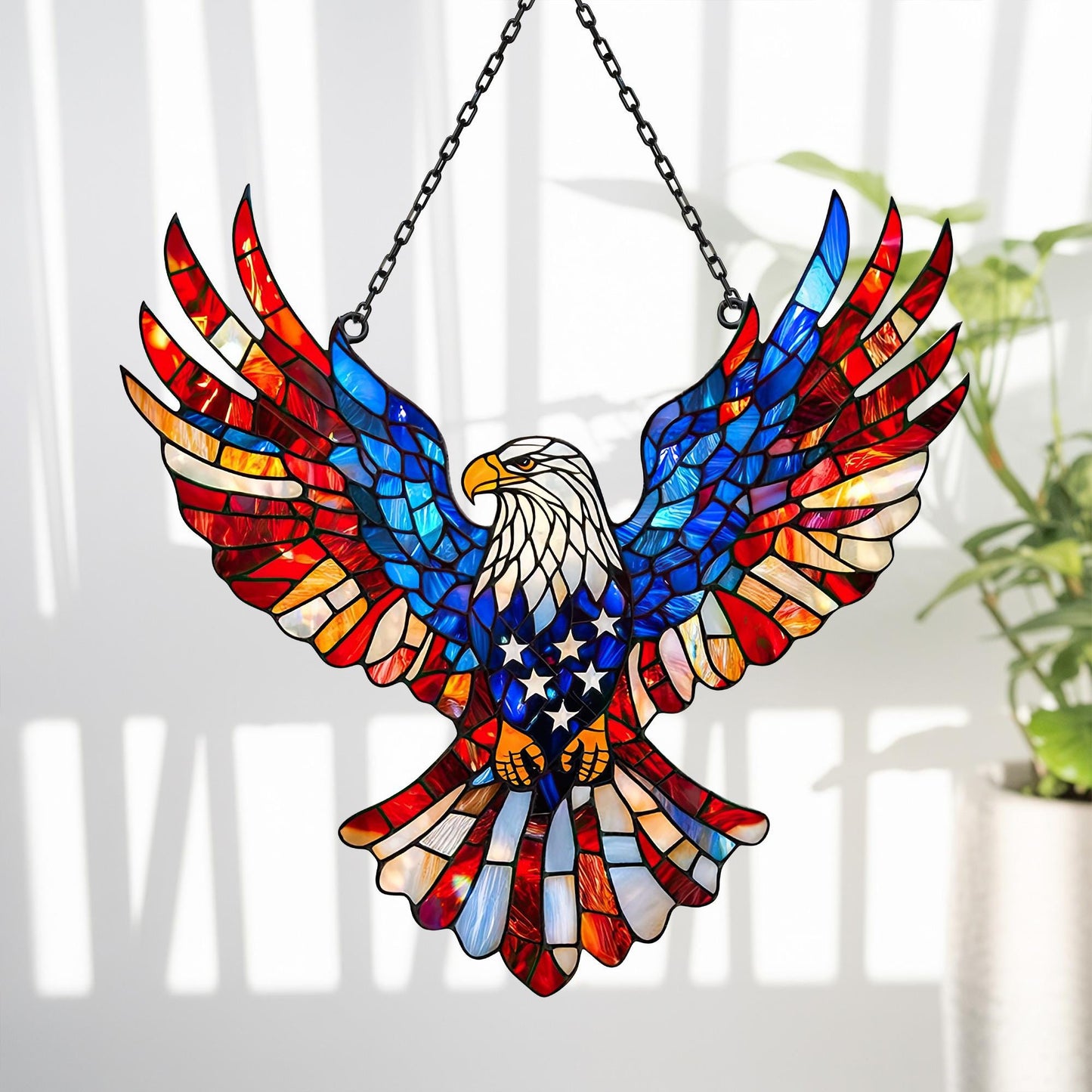 Eagle Stained Glass Suncatcher with Metal Hanging Chain and Red White Blue Colors