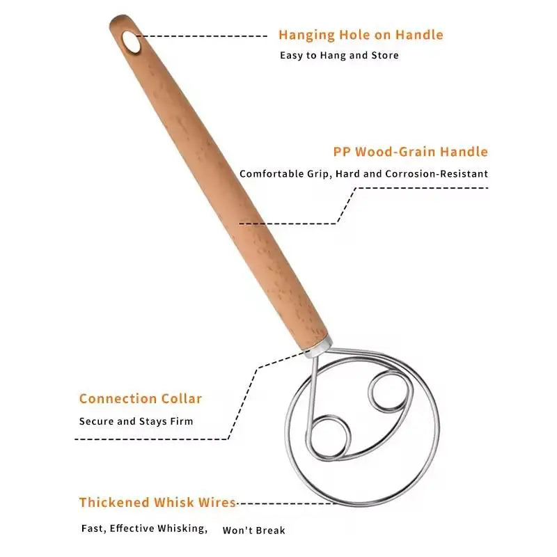 Stainless Steel Dough Whisk with Beechwood Handle for Bread and Sourdough Mixing