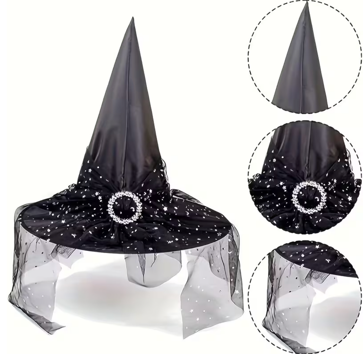 Two Pointed Tulle Witch Hats with Lace Trim, One Black and One Orange