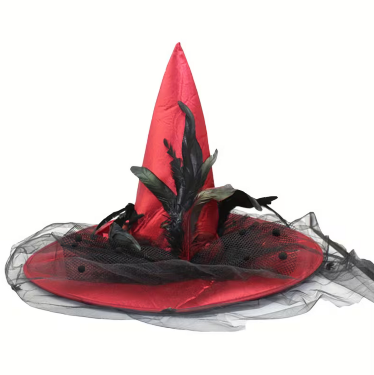 Tall Witch Hat with Wide Flat Brim, Attached Sheer Veil, and Inner Sizing Band