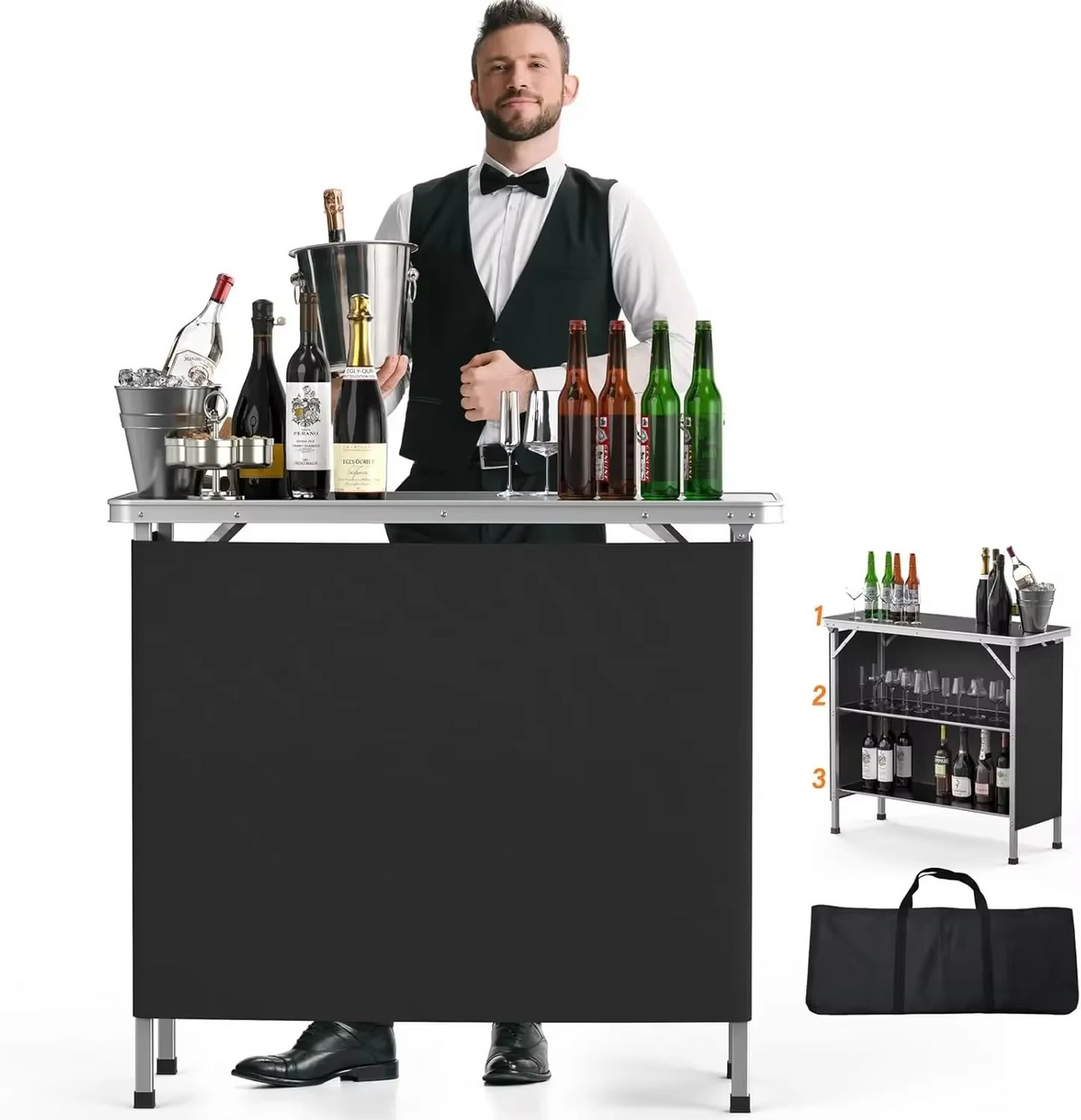 Folding 3 Tier Bar Table with Black Skirt for Parties Weddings and Trade Shows