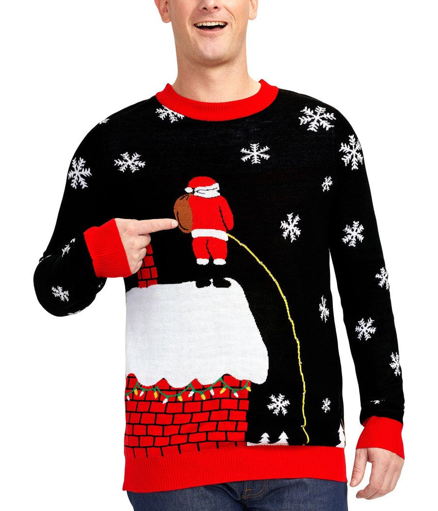 Mens Black Christmas Sweater with Cheeky Santa Graphic and Glowing Light Up Stream