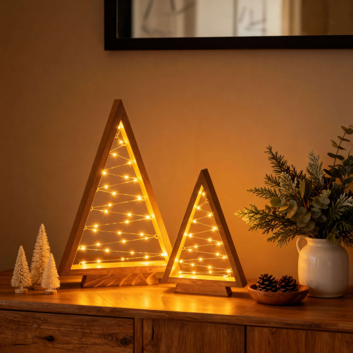 Pair of Lit Wooden Finish Triangle Trees at 14 and 10 Inches with Golden Fairy Lights for Indoor Shelves