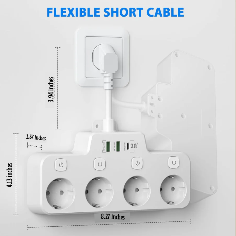 Wall Mounted Power Strip with Independent Switch 2 USB A and 1 USB C