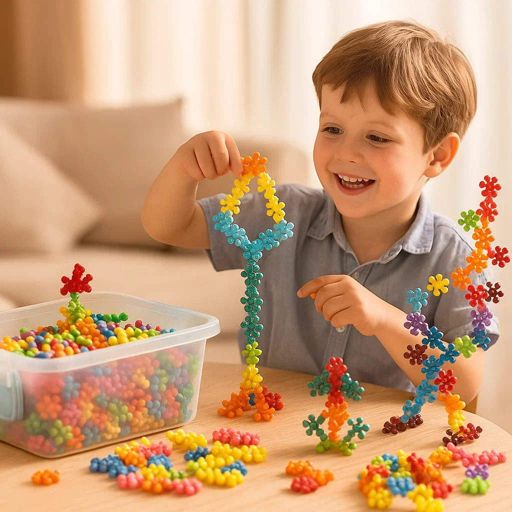 Snowflake Shaped Interlocking Blocks in Sets of 50 to 290 Pieces with Storage Box for Open Play