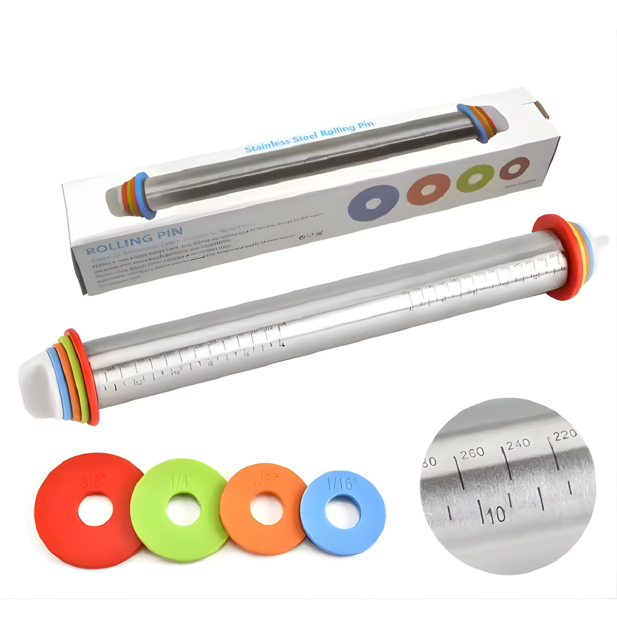 Adjustable Stainless Steel Rolling Pin with Thickness Rings and Silicone Handles