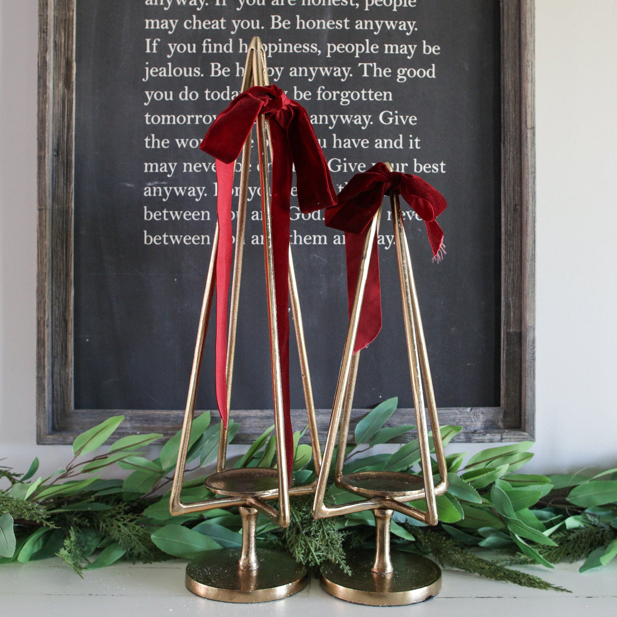 Gold Metal Tree Candle Holder with Raised Platform and Open Silhouette for Mantels