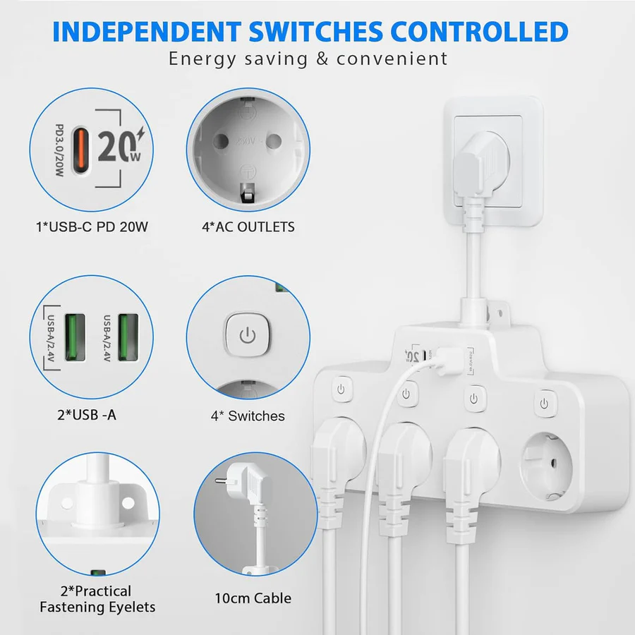 Wall Mounted Power Strip with Independent Switch 2 USB A and 1 USB C