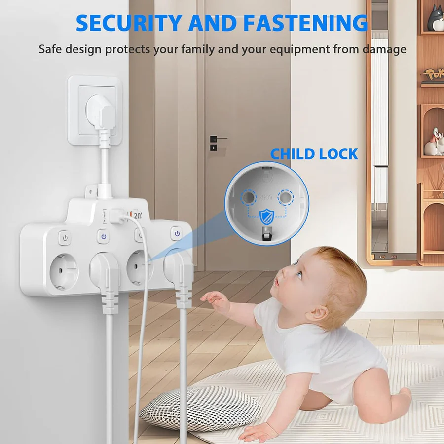 Wall Mounted Power Strip with Independent Switch 2 USB A and 1 USB C