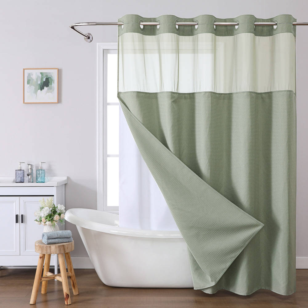 No Hooks Polyester Shower Curtain, Textured Shower Curtain with Snap In Fabric Liner, Waterproof Hotel Luxury Bathroom Curtain