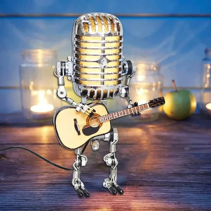 Industrial Style Robot Lamp with Guitar and Vintage Microphone Design