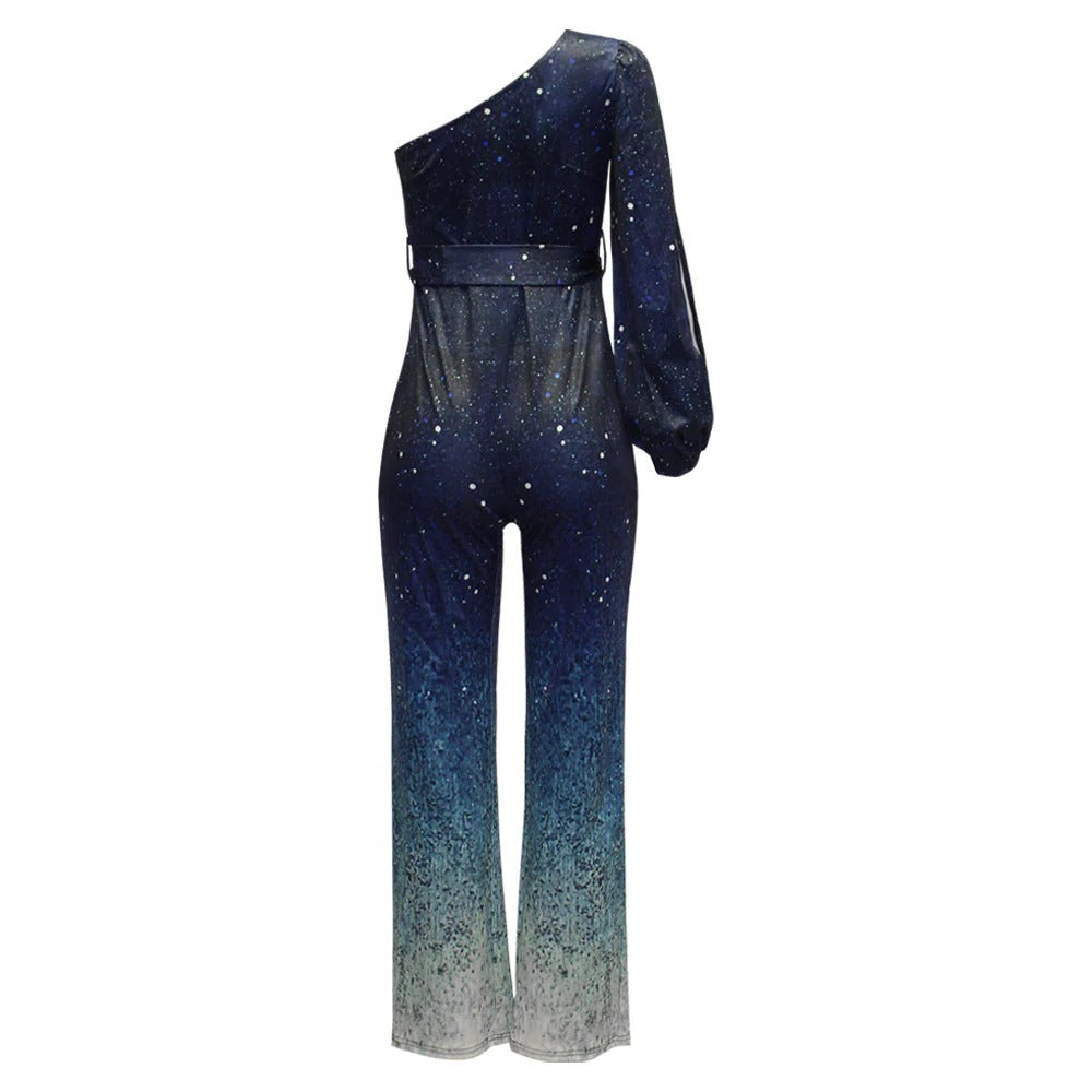 One Sleeve Retro Disco Outfit with Floor Length Trousers