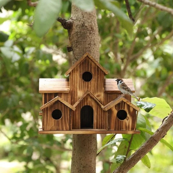 Handcrafted Wooden Birdhouse, Tree Birdhouse with 6 Holes