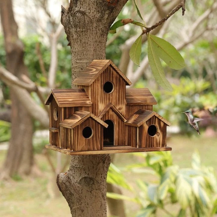 Handcrafted Wooden Birdhouse, Tree Birdhouse with 6 Holes