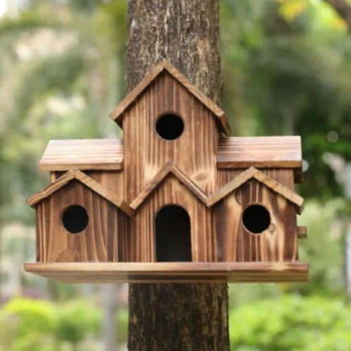 Handcrafted Wooden Birdhouse, Tree Birdhouse with 6 Holes