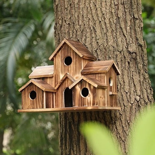 Handcrafted Wooden Birdhouse, Tree Birdhouse with 6 Holes