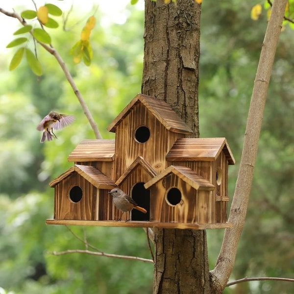 Handcrafted Wooden Birdhouse, Tree Birdhouse with 6 Holes