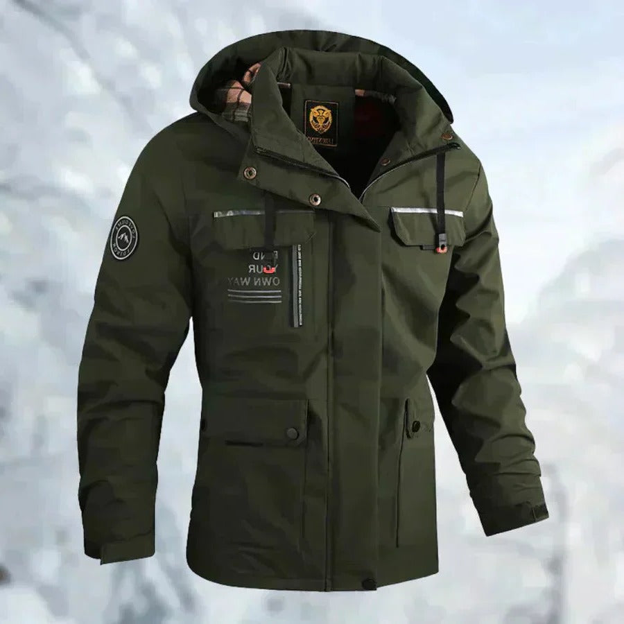 Men's Outdoor Jacket with Breathable Membrane and Removable Hood for Rain Protection