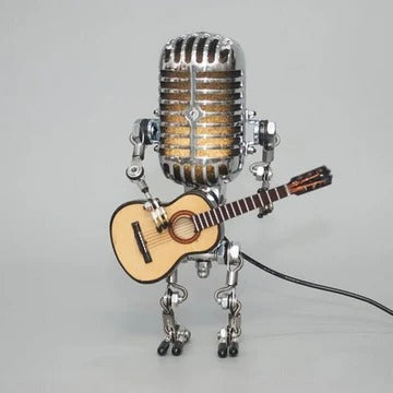 Vintage Metal Microphone Robot With Guitar Lamp