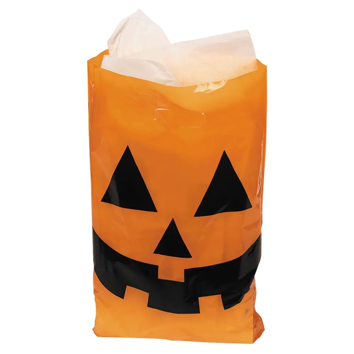 Orange Plastic Halloween Candy Bags Pack of 50 with Pumpkin Face and Cutout Handle for Large Hauls