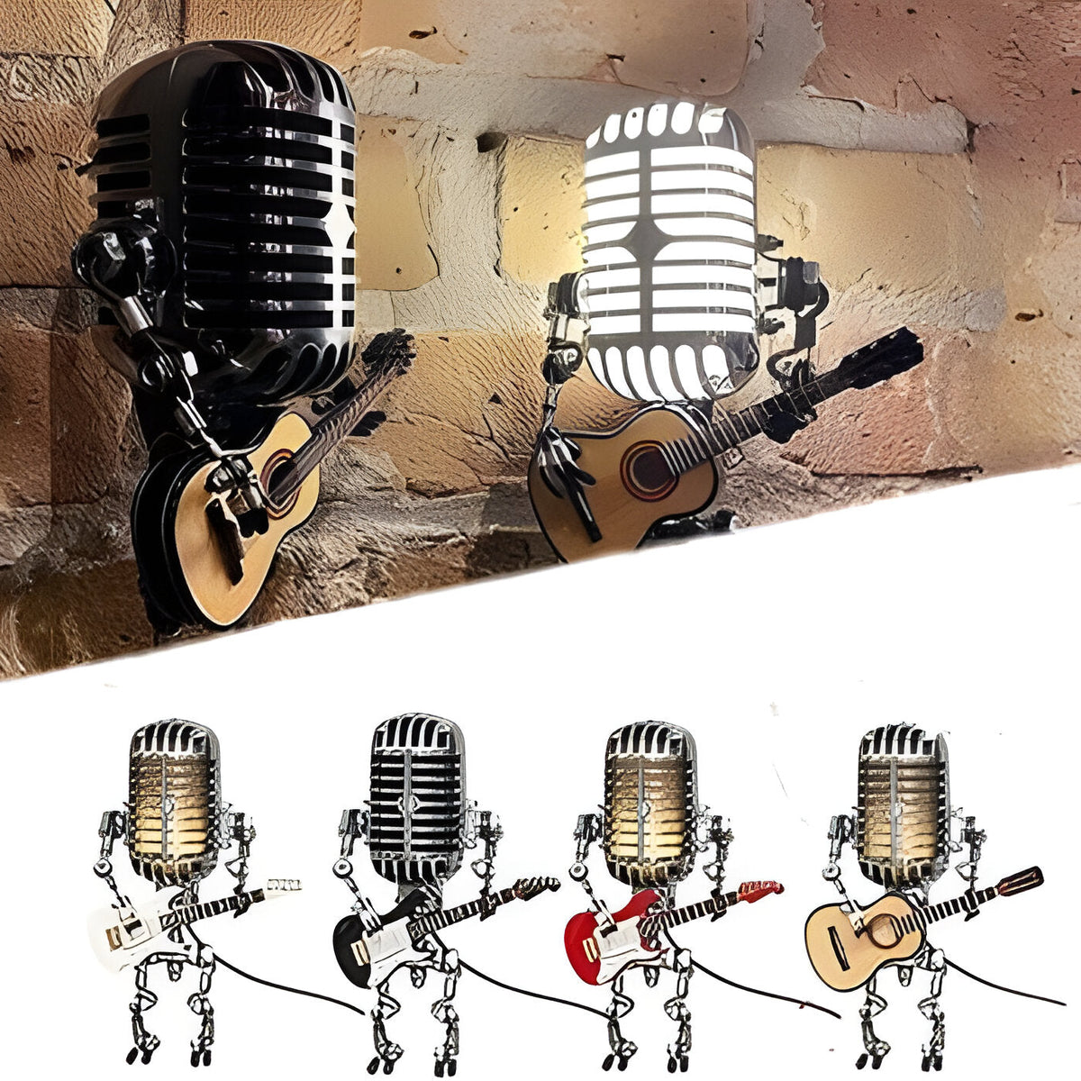 Vintage Metal Microphone Robot With Guitar Lamp
