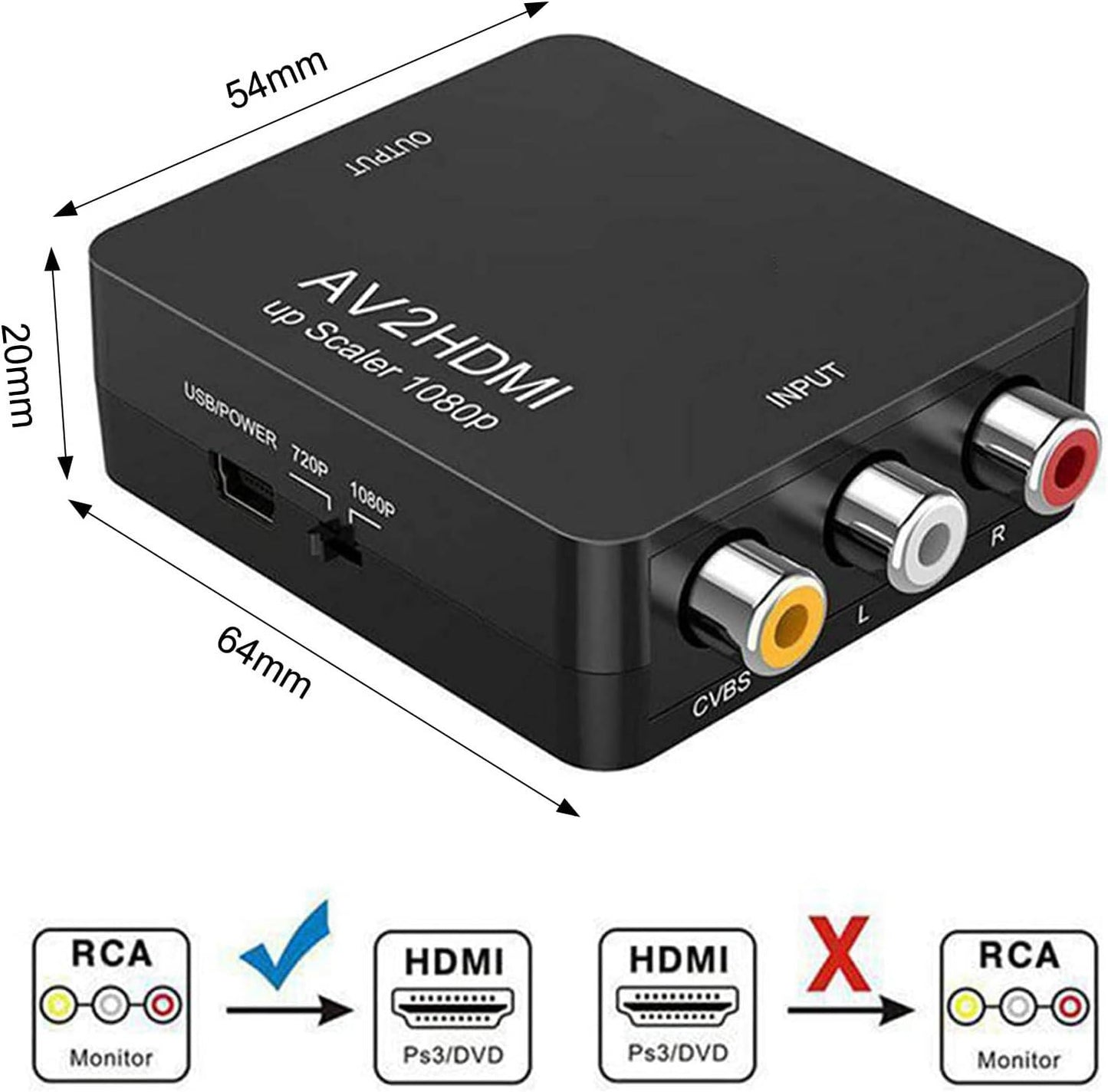 RCA to HDMI Converter, AV to HDMI Adapter 1080P, Composite CVBS Audio Video Converter for TV
