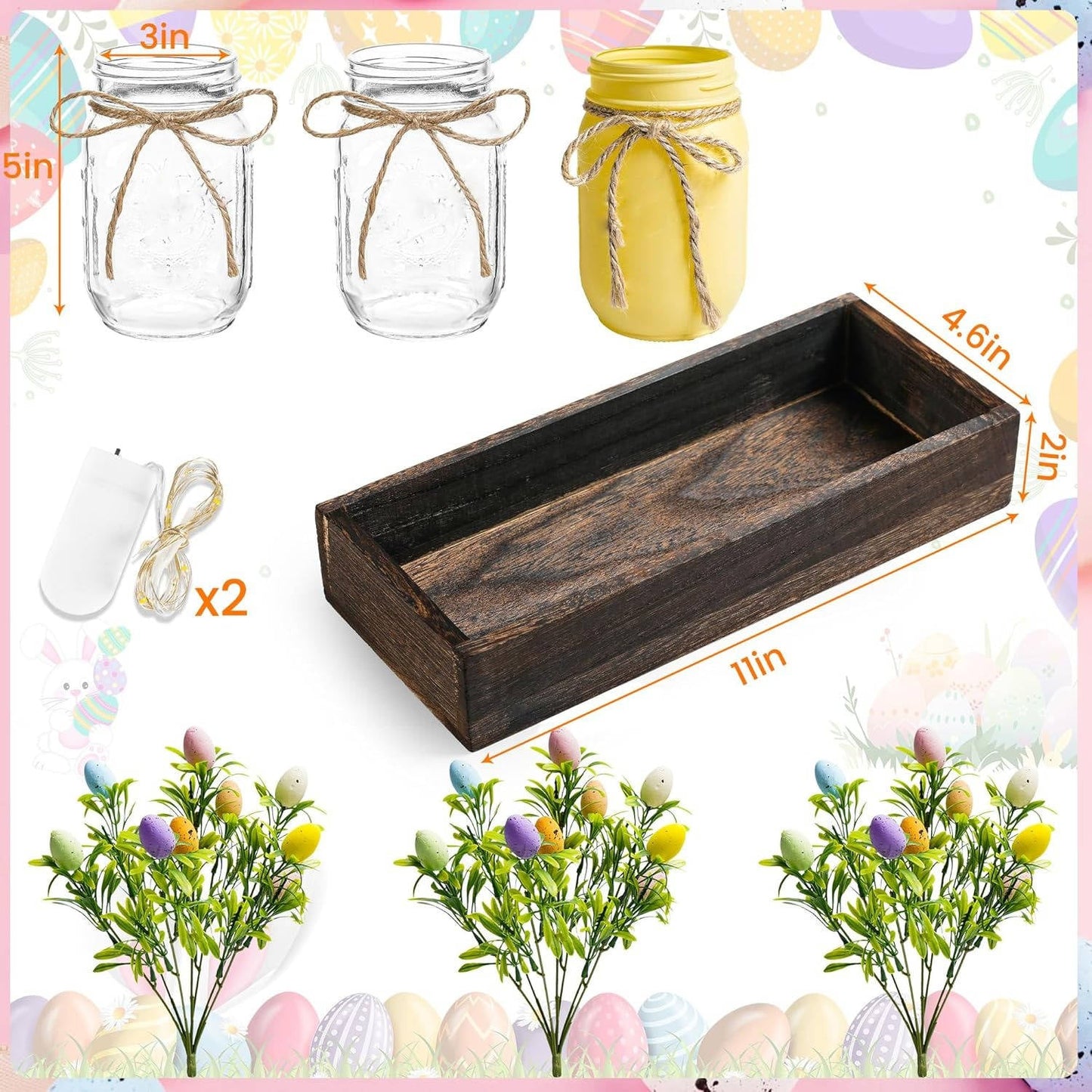 Easter Centerpiece Table Decorations with Wood Tray & LED Lights, Dining Room & Kitchen Table Runner Decor