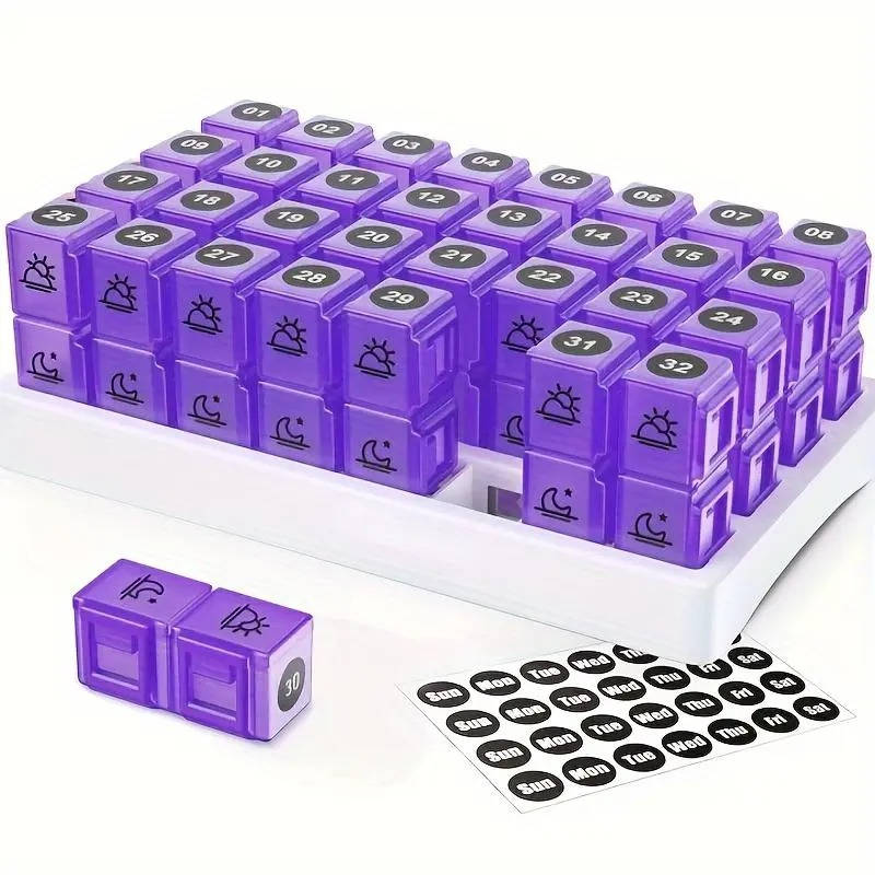 Monthly Pill Organizer 2 Times a Day, 31 Day Am/Pm Pill Box Set with Stickers & Large Storage Case, Twice a Day Medication Planner