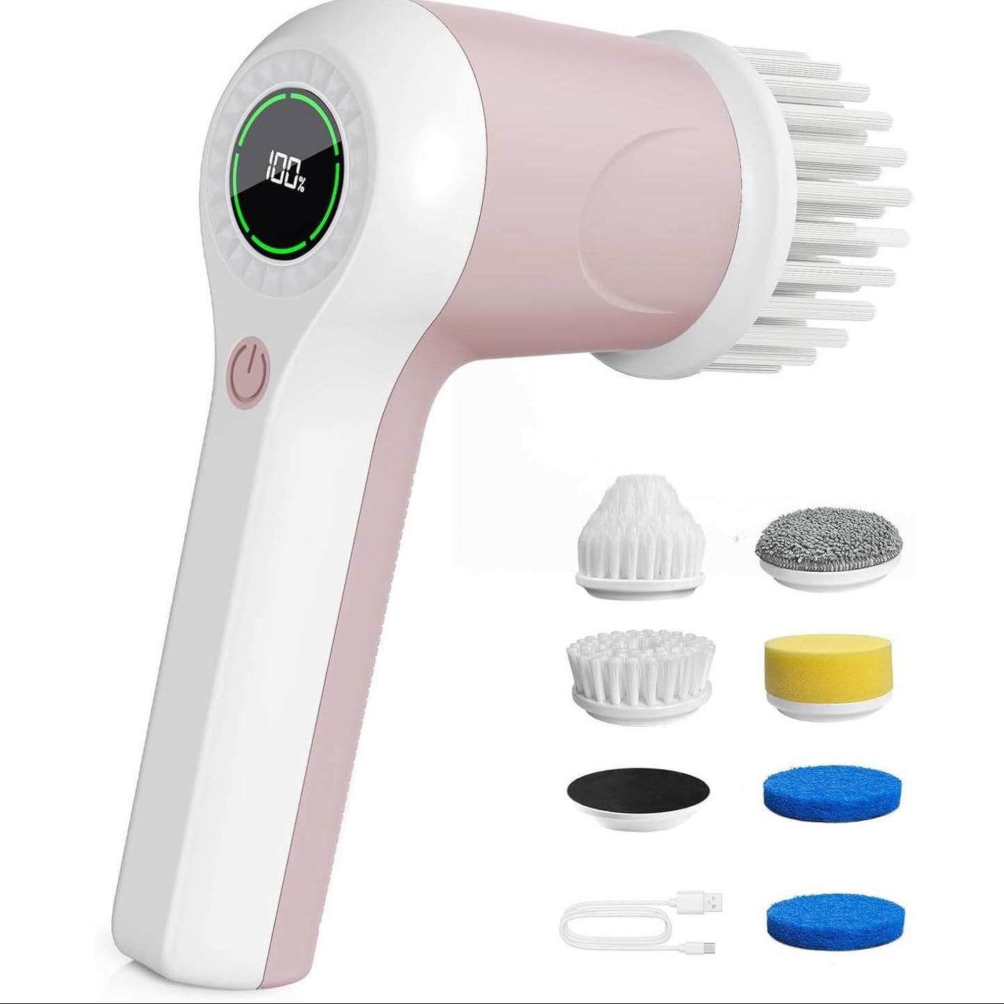 Cordless Electric Spin Scrubber with 2 Speeds & Battery Display, 6 Head Cleaning Brush for Bathroom, Sink & Window