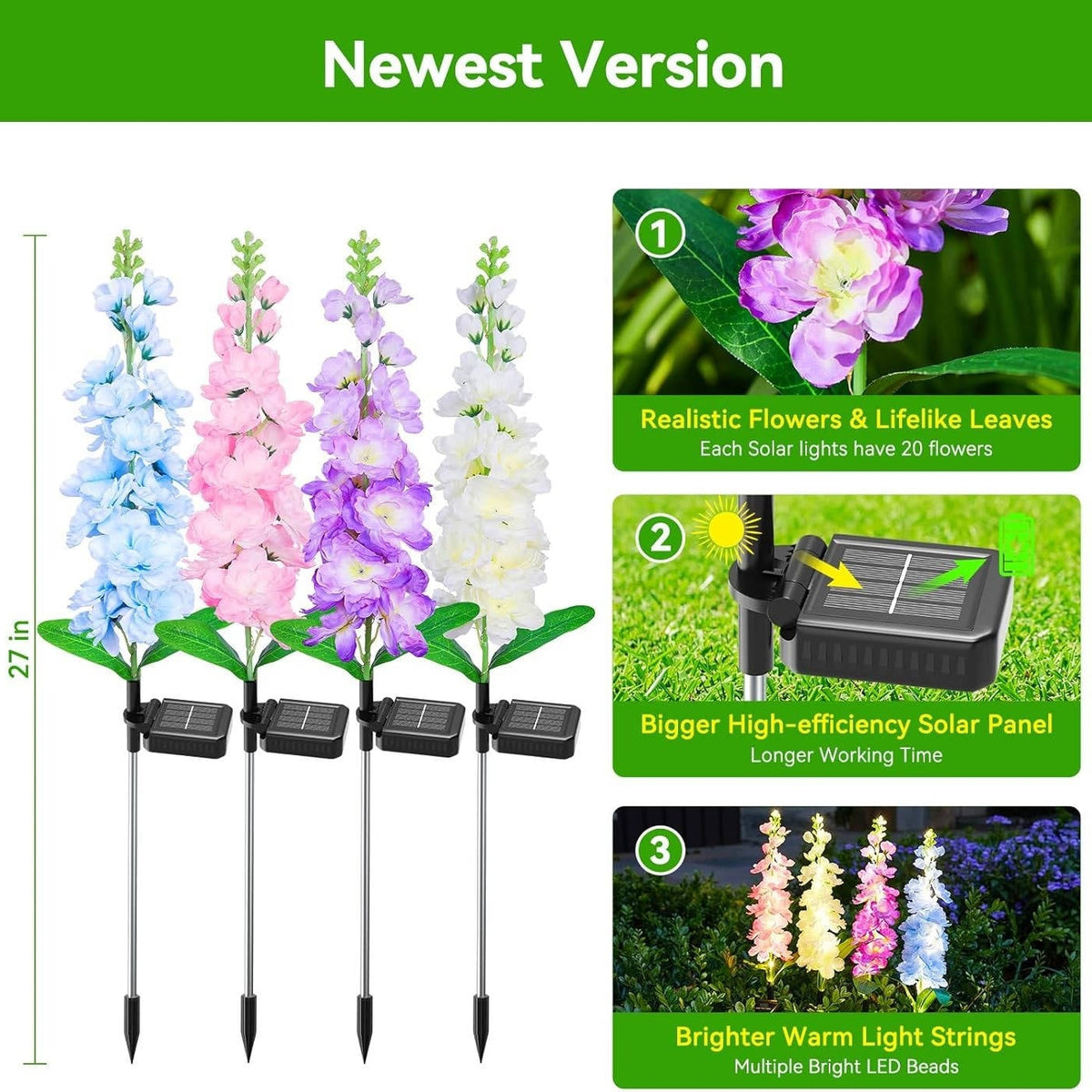 4 Pack Upgraded Delphinium Solar Garden Lights, Waterproof 36 LED Outdoor Decorative Flower Lights for Landscapes, Yards, and Patios