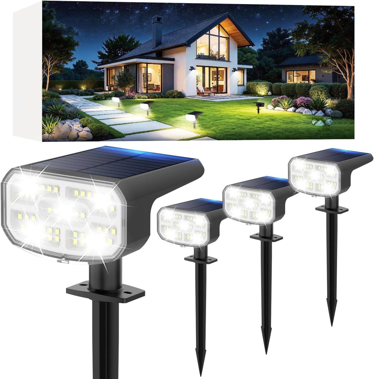 Solar Spot Lights Outdoor, 4 Pack IP65 Water-resistant Garden Spotlights with 2 Lighting Modes & Auto On/Off for Yard & Landscape