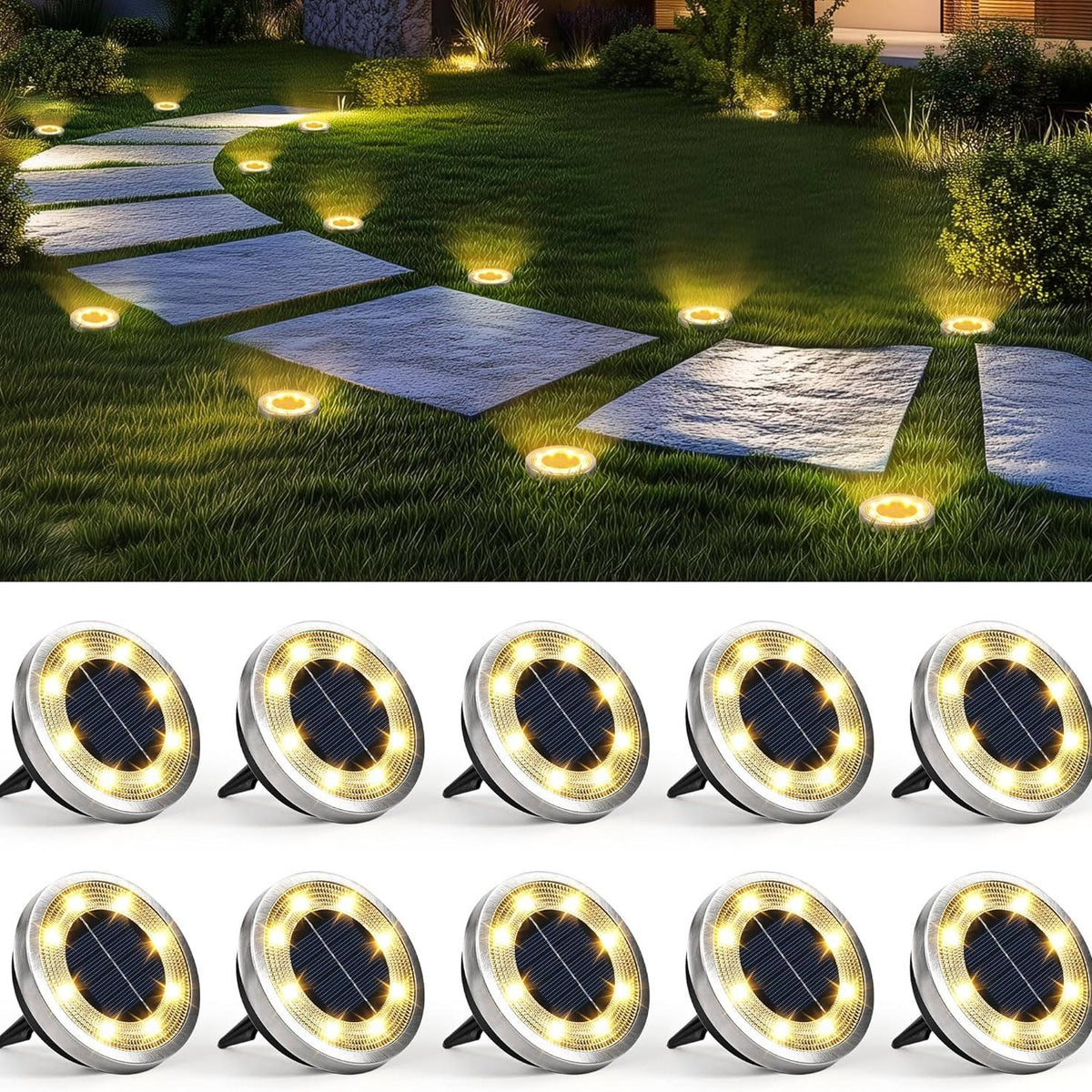10 Pack Solar Ground Lights Outdoor Waterproof, Solar Powered Pathway Lights, Landscape Lighting for Garden Walkway Driveway Backyard