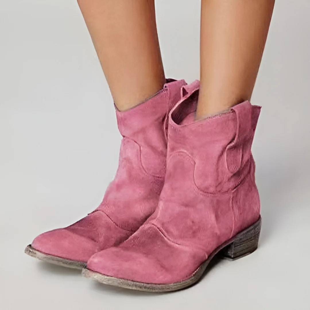 Ladies Western Booties with Chunky Low Heel, Round Toe and Side Tug Straps