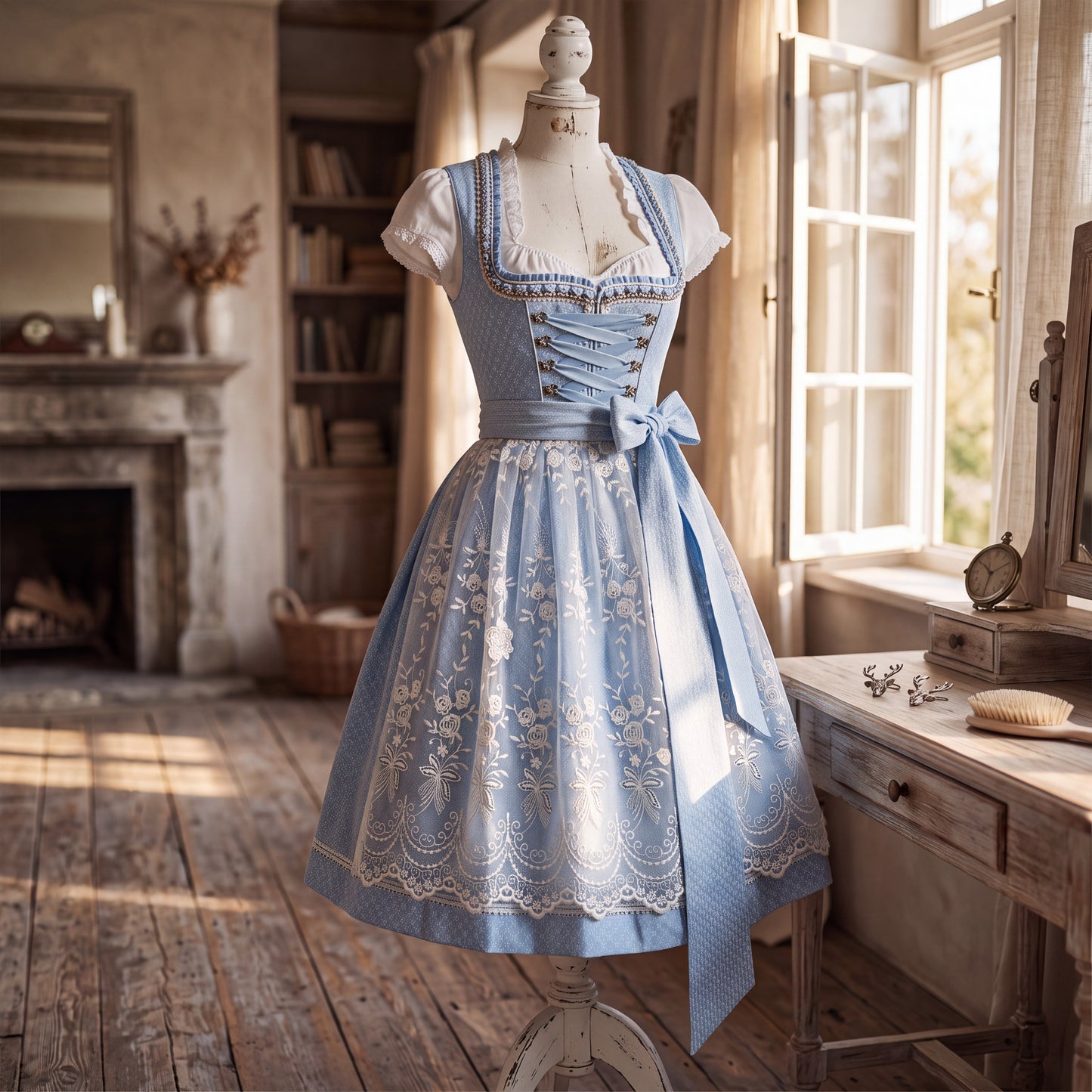 Traditional Dirndl Dress with Adjustable Lacing and Embroidered Details for Women