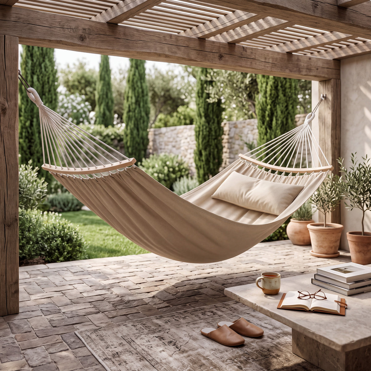 Cotton Canvas Hammock with 22 Strand Suspension Ropes and Carry Bag